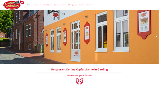 Das Bild zeigt die Startseite der Homepage von Kerlins Kupferpfanne, Restaurant in Garding
